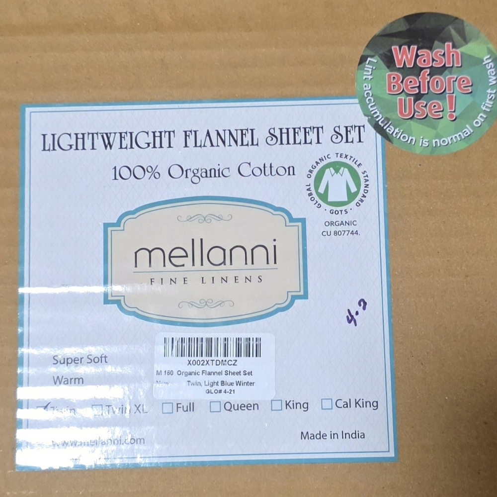 Melanni Lightweight Flannel Sheet Set  100% Organic Cotton- Twin - Picture 3 of 7